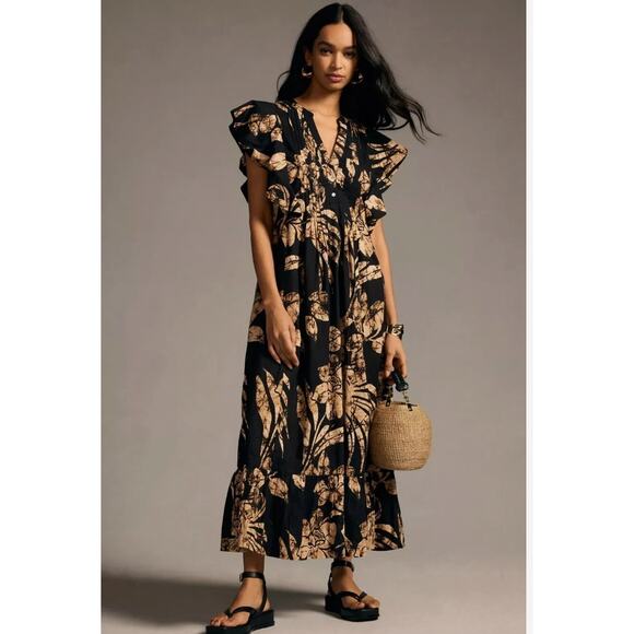Anthropologie Maeve Black Flutter Sleeve Maeve Cassandra Maxi Dress  XS - Picture 1 of 12